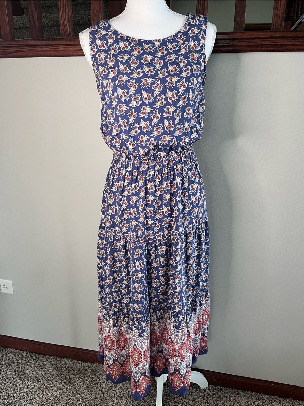 Beachlunchlounge Blue Floral Paisley Tiered Dress Back Cutout WPD4573 Womens M